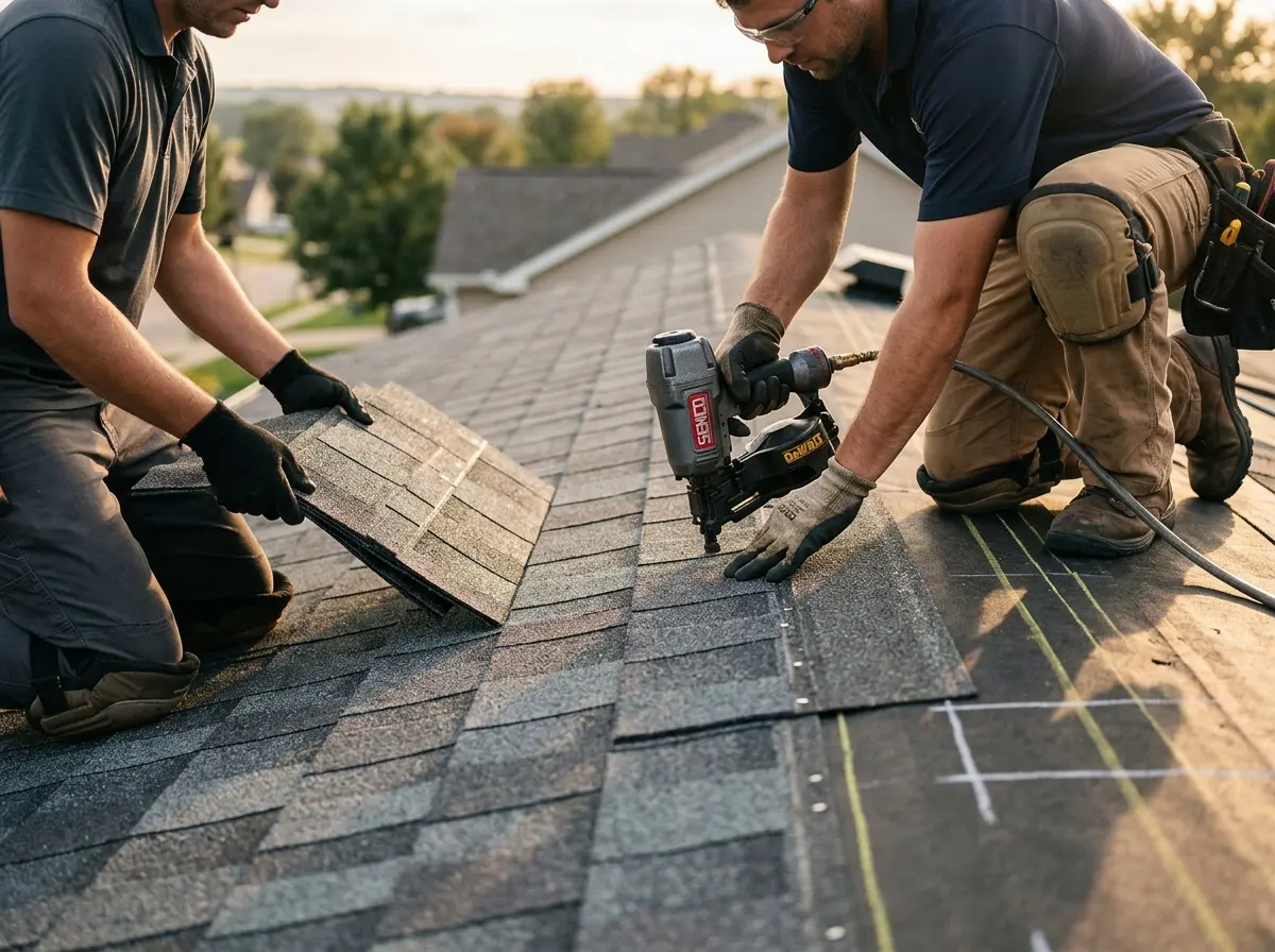 Professional roofer working on a residential roof in Old Lyme